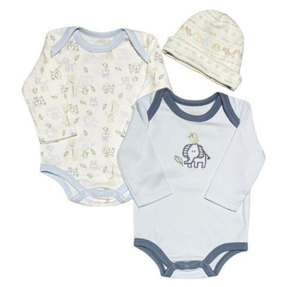 Kidgets Safari Long-Sleeve Onesie 2 pack & Gerber Hat - Picture 1 of 16